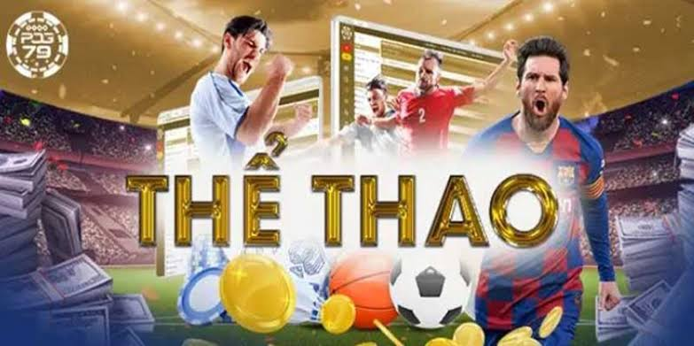 Thể Thao (Sports) banner featuring football players celebrating, a stadium crowd, and basketball, football, and coin icons