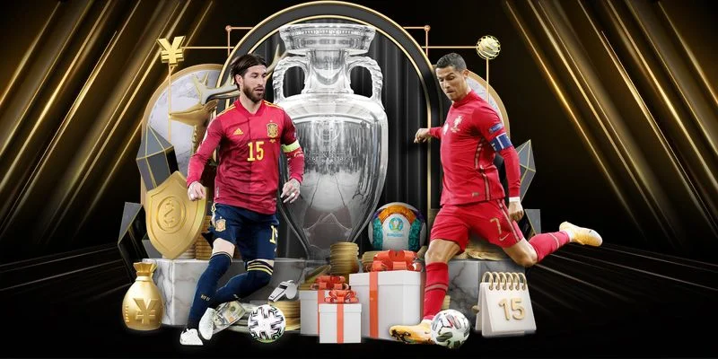 Football players in red kits celebrating with a trophy, gift boxes, and coin icons in a gold-and-black themed banner